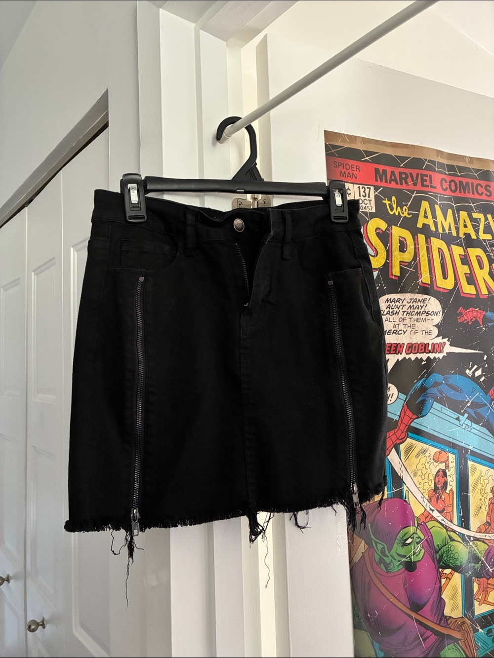 Black Raw-Hem Mini Skirt with Zipper Detail